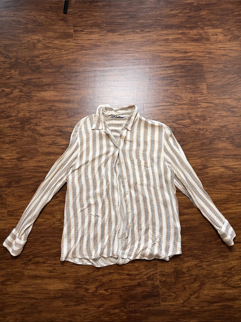 Zara Women's Striped Button-Down Shirt in Cream and Brown